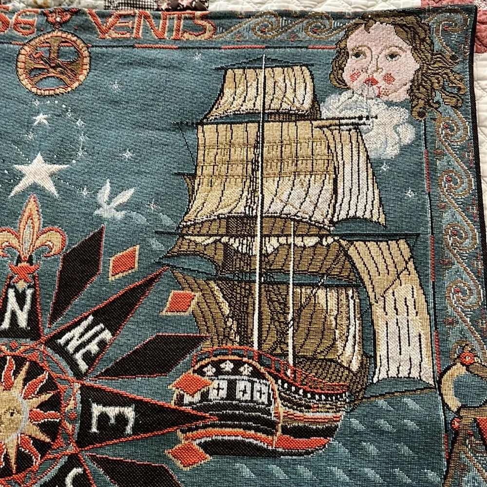Vintage Anne Leurent La Rose Vents (Compass Rose) Tapestry Made in France w/ Rod